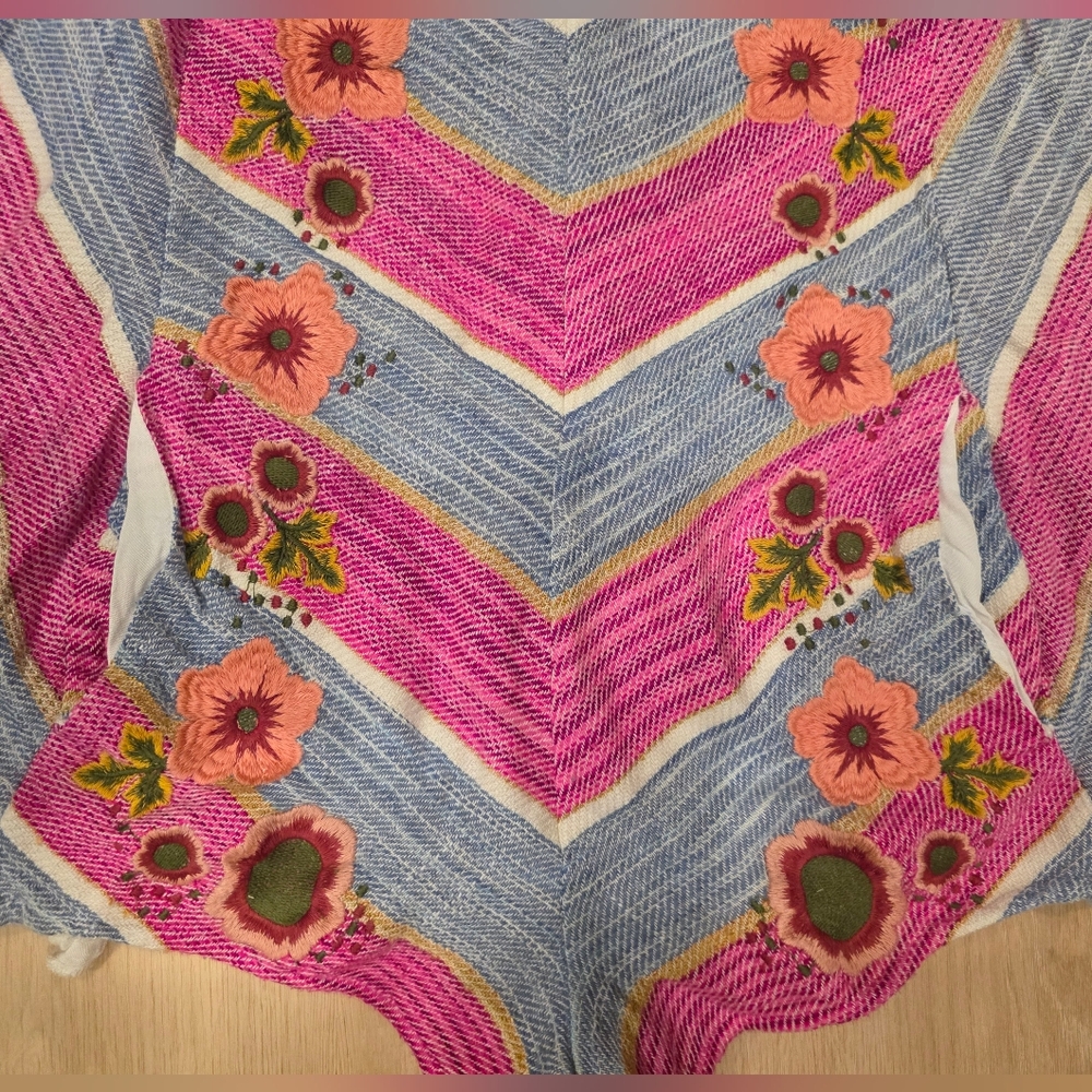 Free People- Pink & Blue Striped Embroidered Boho Romper - Picture 2 of 11